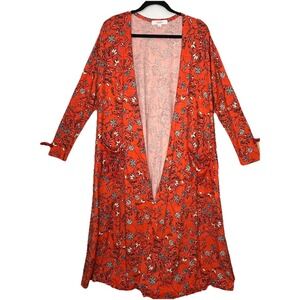 LuLaRoe Women's Sarah Large Duster Cardigan Sweater Red Floral Flower Long Open